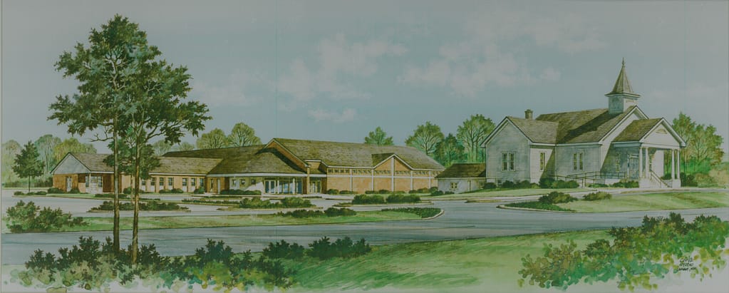 A drawing of the SPUMC campus from ground-level across HG Trueman Road looking eastwards.